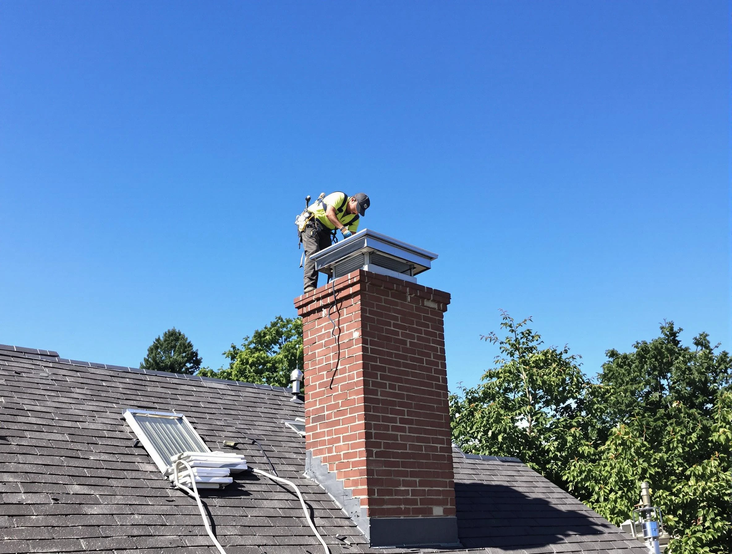 Summit Chimney Sweep technician measuring a chimney cap in Summit, NJ